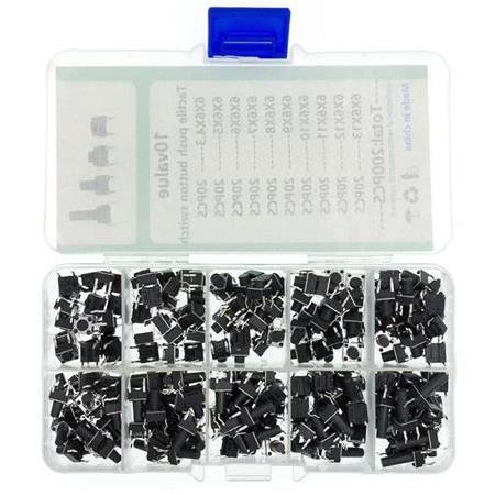 200 Parça 10 Çeşit Push Button Seti-Tact Switch-6x6 Dip Kılıf-Plastik Kutulu