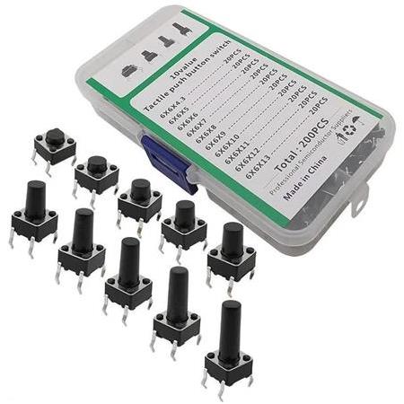 200 Parça 10 Çeşit Push Button Seti-Tact Switch-6x6 Dip Kılıf-Plastik Kutulu