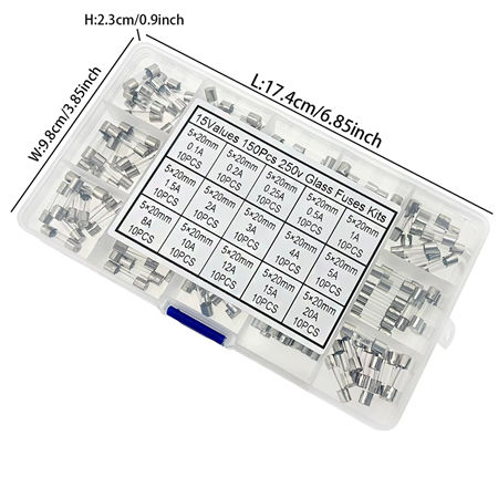150 Parça 15 Çeşit 5x20mm Cam Sigorta Çeşitleri-Plastik Kutulu